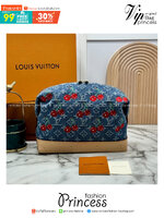 ORI หนังแท้ | LV x TM Cosmetic Pouch GM Monogram cherry denim กระเป๋าทรงพอช กระเป๋าเครื่องสำอางสไตล์โมโนแกรมเดนิม ตกแต่งด้วยงานปักเชอร์รี่สุดน่ารัก