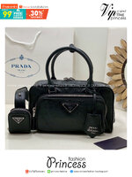 ORI หนังแท้ | Prada Antique nappa leather multi-pocket top-handle bag กระเป๋าสะพายทรง keepall มีช่องซิปด้านหน้าพร้อมหูจับ งานหนังยับดีไซน์เอฟเฟกต์เท็กซ์เจอร์ที่มีเสน่ห์สไตล์วินเทจ