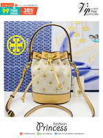 TORY BURCH T MONOGRAM EMBELLISHED MINI BUCKET BAG NEW IVORY MULTI กระเป๋าทรงบัคเก็ตแต่งหัวใจสีทองสวยหรู น่ารักรุ่นใหม่ล่าสุด เกรดท็อปออริ เทียบแท้ 1:1 เกรดดีสุด ใช้งานต่างประเทศได้