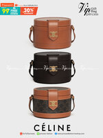 CELINE MEDIUM TAMBOUR IN SMOOTH CALFSKIN BAG กระเป๋าทรงกลมสวยหรูอยู่ทรงเปิดปิดด้วยฝาปิดกระดุมโลโก้แบรนด์ ภายในโล่ง