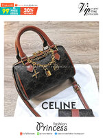 CELINE MINI BOSTON BAG IN TRIOMPHE CANVAS กระเป๋าทรงบอสตันไซส์มินิน่ารัก ประดับสายโซ่สีทอง พร้อมตัวห้อยตกแต่งสวยหรูโดดเด่น
