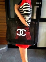 MUST HAVE! Chanel Cosmetic Shopping Bag กระเป๋าสะพายใบใหญ่ VIP Gift With Purchase Limited Edition พรีเมี่ยมกิ้ฟของแท้จาก Chanel Cosmetic Counter ใบใหญ่วัสดุ Nylon โปร่งลายทางปั้มโลโก้แบรนด์ เปิดปิดด้วยแถบแม่เหล็กซ่อนด้านในปากกระเป๋าบุที่ฐานเพื่อรับน้ำหนัก