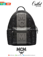 M.C.M Stark Logo Stripe Backpack in Visetos เป้หนังแท้ ขนาดสะพายกำลังสวย ใช้ได้ทั้งหญิงชาย สีเทาดำสุดคลาสสิค ใช้งานได้บ่อยหลายโอกาส