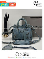 Balenciaga NEO CAGOLE XS HANDBAG DENIM IN BLUE aged-silver hardware กระเป๋าสะพายเดนิม สวยเท่ เกรดออริ 1:1 สลับแท้ ใช้งานต่างประเทศได้