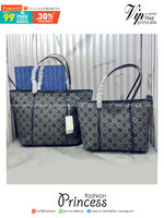 ORI หนังแท้ | Tory Burch T Monogram zip tote bag กระเป๋าทรงโท้ทใบใหญ่ทรงกว้างพร้อมใบเล็กเข้าเซ็ท ดีไซน์สายหนังแต่งคาดหน้า ตัวงานผ้าแจ็คการ์ดตัดขอบหนัง เดอะเบสท์ เซลเลอร์!!