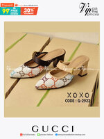 Gucci รองเท้างานสวม ผ้าทวีส สกรีนแบรนด์ สวย หรู ดูแพงเกินราคาจร้า ด้านหน้าคาดเข็มขัด ส้นแท่งตัน ใส่สบาย ไม่เมื่อย แมทส์ชุดง่าย น้ำหนักเบา