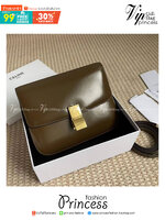 CELINE Medium Classic bag in box calfskin เกรดออริจินอล กระเป๋าสะพายแบรนด์เนมซีลีนหนังแท้ อะไหล่ทองหรู งานหนังเรียบ สวยหรู ด้านในเปิดด้วยบีบอะไหล่ทอง