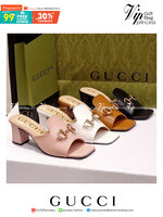 Gucci Mid Heel รองเท้าส้นกลาง 3 นิ้ว งานสวม สวย เก๋ วัสดุหนัง PU ทรงเปิด ด้านบนติดอะไหล่สีทอง ส้นแท่ง ยื่น เดิน ใช้งานง่าย น้ำหนักเบา แมทส์ชุดง่าย