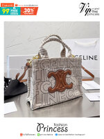 CELINE Tote Bag / CELINE Small Cabas Thais in Textile with Celine All-Over Print กระเป๋าทรงโท้ทรูปทรงสวย ประดับโลโก้หนังด้านหน้า จุของได้กำลังดี