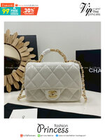ORI หนังแท้ | Chanel Small Flap Bag with Top Handle 20cm กระเป๋าสะพายดีไซน์คลาสสิก หูจับแต่งโซ่สีทองหรูหรา เรียบหรูดูแพง