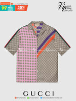 Gucci Geometric GG print bowling shirt Multicolor geometric GG print silk twill / Gucci Men's Shirts / Gucci Shirts งานเกรดออริจินอล พิมพ์ลายคมชัด มีป้ายแท็กที่คอเสื้อทุกตัว พร้อมส่งที่ไทย ภาพสินค้าถ่ายจากงานขายจริง ใช้งานต่างประเทศได้