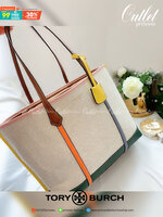 ของแท้ 💯% 】TORY BURCH CANVAS TOTE BAG กระเป๋าทรง SHOPPING ใบขนาดกลาง ผ้าแคนวาสคาดหนังแท้ อะไหล่ทอง ประดับโลโก้แบรนด์ด้านหน้า