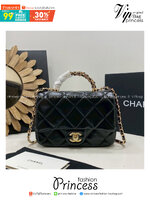 ORI หนังแท้ | Chanel Small Flap Bag with Top Handle 20cm กระเป๋าสะพายดีไซน์คลาสสิก หูจับแต่งโซ่สีทองหรูหรา เรียบหรูดูแพง