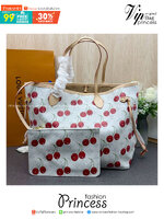 ORI หนังแท้ | LV x TM - Neverfull MM Bag Monogram cherry canvas / LV Tote Bag สีขาว กระเป๋าสะพายทรงโท้ทใบใหญ่ ลายเชอรี่น่ารักสดใส