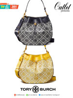 Tory burch t monogram jacquard drawstring hobo New Collection 2021 กระเป๋าถือและสะพายข้าง Monogram จาก tory burch ทำจากผ้าใบ jacquard ตัดด้วยหนังวัวแท้