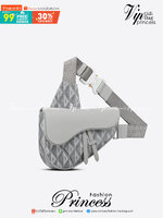 DIOR Saddle Bag Dior Gray CD Diamond Canvas and Smooth Calfskin / DIOR Saddle Belt Bag ภาพสินค้าถ่ายจากงานขายจริงใช้งานต่างประเทศได้