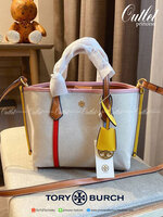 TORY BURCH SMALL CANVAS TOTE BAG กระเป๋าทรง SHOPPING ใบขนาดกลาง ผ้าแคนวาสคาดหนังแท้