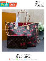 ORI หนังแท้ | LV x TM - Neverfull MM Bag Monogram cherry canvas / LV Tote Bag กระเป๋าสะพายทรงโท้ทใบใหญ่ ลายเชอรี่น่ารักสดใส