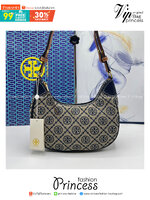 Tory Burch T Monogram Raffia Crescent Bag กระเป๋าสะพายโฮโบ ดีไซน์ทันสมัย เกรดออริ สลับแท้ 1:1 ใช้งานต่างประเทศได้