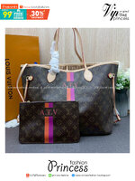 ORI หนังแท้ | LV Neverfull MM Mon Monogram / LV Tote Bag กระเป๋าสะพายทรงโท้ทใบใหญ่ คาดแถบชมพู