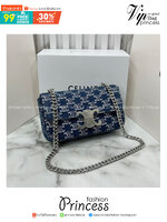 CELINE CHAIN SHOULDER BAG CLAUDE in DENIM WITH TRIOMPHE ALL-OVER กระเป๋าสะพายสายโซ่อะไหล่เงินงานเดนิม เกรดออริ 1:1 ใช้งานต่างประเทศได้