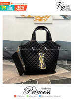 YSL icare maxi shopping bag in quilted lambskin / YSL tote bag กระเป๋าไซส์ใหญ่ พร้อมใบเล็ก หนังบุนิ่มเย็บลายตาข่าย (Quilted Bag) ดีไซน์คล้ายตะกร้าช็อปปิ้ง โฉบเฉี่ยวกว่าหลายระดับด้วยการประดับฮาร์ดแวร์ทองเหลืองในตัวอักษร YSL บนหนังสีดำสร้างความสะดุดตา มอบสไ
