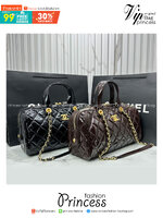 ORI หนังแท้ | Chanel Large Bowling Bag Crumpled Leather / Chanel Keepall Bag กระเป๋าถือ กระเป๋าสะพายรุ่นใหม่ล่าสุด ดีไซน์หนังยับเงา รูปแบบเรียบหรูหราใช้งานง่าย สวยงามตามแบบฉบับแบรนด์