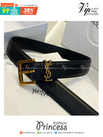 YSL 3D LOGO LEATHER BELT / YSL BELT เข็มขัดหนังเรียบสไตล์วินเทจ ขนาดกำลัง หัวเข็มขัด3Dโลโก้แบรนด์สีทองวินเทจ