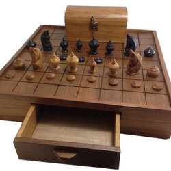 ชุดหมากรุกไทยไม้สักพร้อมกล่องไม้สักและกระดานไม้สักเซาะร่องมีลิ้นชัก