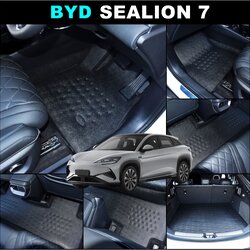 ยางปูพื้นรถยนต์ BYD SEALION 7 พรมลายหนังเรียบ บีวายดี ซีไลอ้อน เข้ารูป สีดำ ตรงรุ่น เต็มคัน