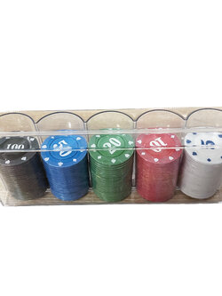 ชุดชิปโป๊กเกอร์ 100เหรียญ(Poker Chip 100 pcs) บรรจุเหรียญ 5,10, 20, 50, 100 พร้อมภาชนะพลาสติกแบบแข็ง