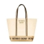 Victoria's Secret Canvas Tote Bag กระเป๋าสะพายวัสดุแคสวาสสีครีม ด้านล่างเป็นกลิตเตอร์ สกรีนชื่อแบรนด์ ฐานกระเป๋าเป็นหนัง ด้านหน้ามีช่องเล็กไว้ใส่ของได้ เปิดปิดด้วยซิป ซับในลายแบรนด์ มีช่องซิปเล็กแยกใส่ของ1ช่อง จุของได้เยอะมาก