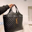YSL icare maxi shopping bag in quilted lambskin / YSL tote bag กระเป๋าไซส์ใหญ่ หนังบุนิ่มเย็บลายตาข่าย (Quilted Bag) ดีไซน์คล้ายตะกร้าช็อปปิ้ง โฉบเฉี่ยวกว่าหลายระดับด้วยการประดับฮาร์ดแวร์ทองเหลืองในตัวอักษร YSL บนหนังสีดำสร้างความสะดุดตา มอบสไตล์เรียบง่าย